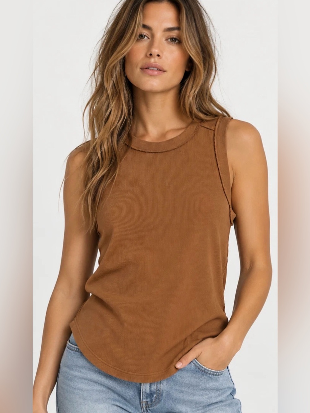 NEW FREE PEOPLE WE THE FREE BROWN KATE RIBBED TANK TOP SHIRT SZ M